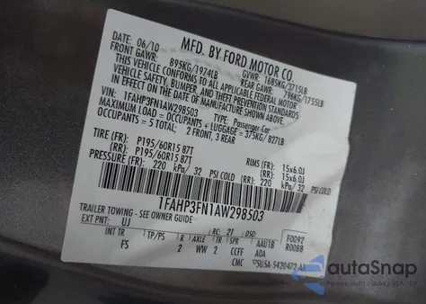 2010 Ford Focus Se из США, поврежденный, VIN 1FAHP3FN1AW298503